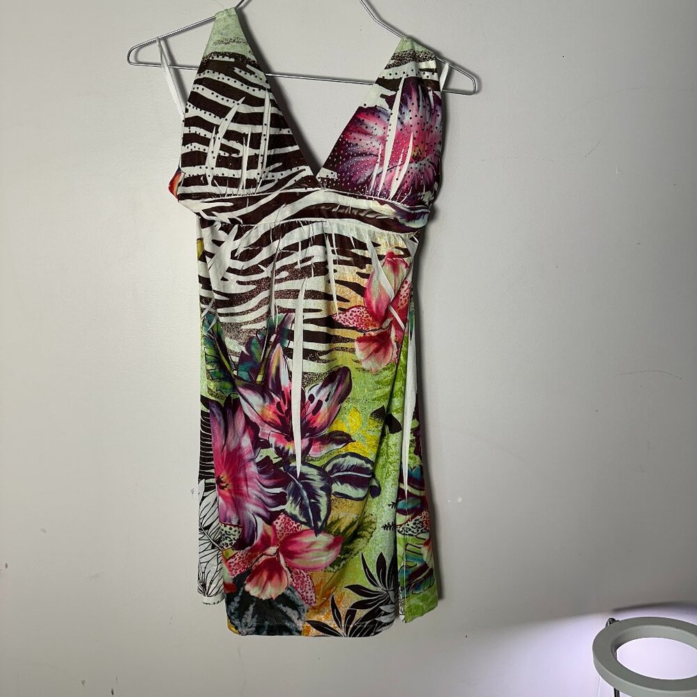 EUC Ocean Blue Womens Juniors Dress Halter Medium M Beaded Neck Knee Length